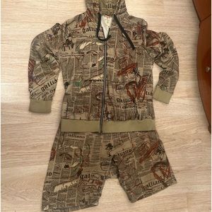 Galliano Men's Brown Newspaper Print Hoodie and Shorts